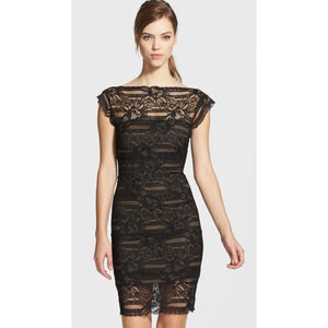 Nicole Miller Black Lace Bodycon Cocktail Dress Nude Lined Ruched Cap Sleeve L